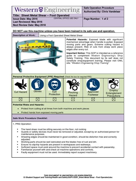 sheet metal shear safety checklist